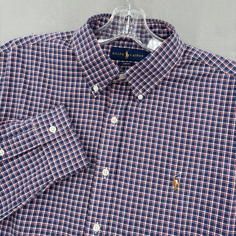 Ralph‎ Lauren Shirt Mens Large Blue Red Plaid Slim Fit Button Down Long Sleeve